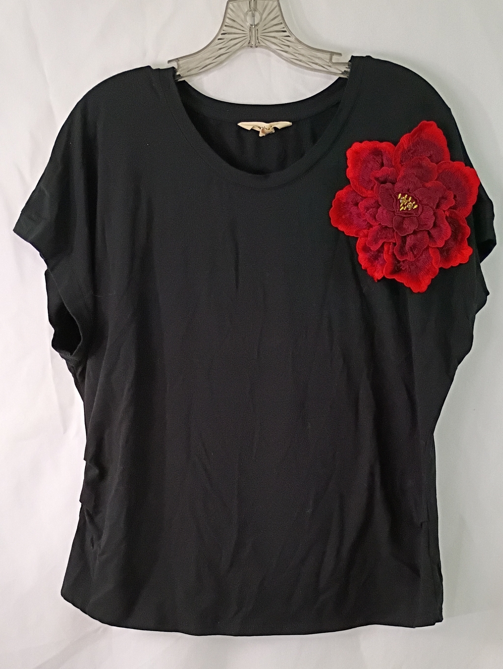 Mesh + Love Black Women's Tee with Red Floral Applique
